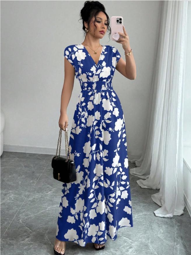 Europäisches und Amerikanisches V-Ausschnitt Taillenbetontes Kurzarmkleid - Frühling/Sommer Druck Langes Kleid für Damen