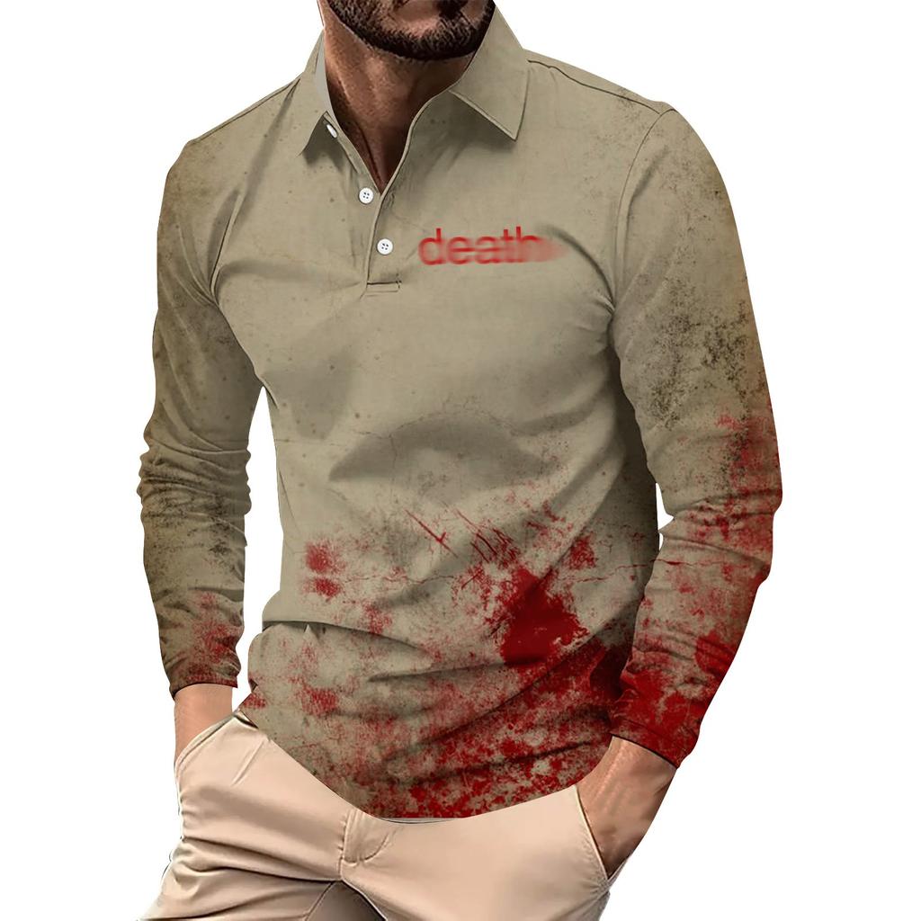 Men's Loose And Casual Halloween Letter-printed Lapel Button-down Long-sleeved Top