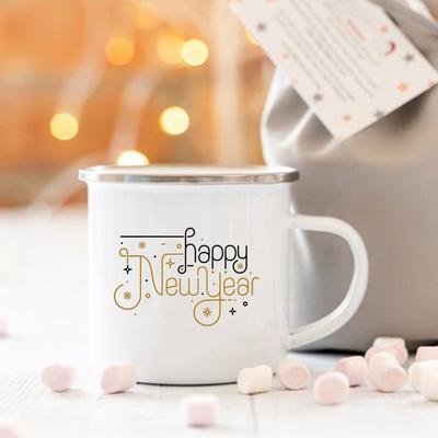 Frohes Neues Jahr Druckbecher Emaille Kaffeetassen Henkel Heiße Schokolade Tasse Kinder Frühstück Milchbecher Feiertagsgeschenk für Familie