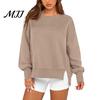 Polyester Women Tops Crew Neck Sweatshirt, Drop Shoulder Long Sleeve Pullover, Loose Soft Sweaters Fit Casual Fall Winter Top with Side Slit Pullovers