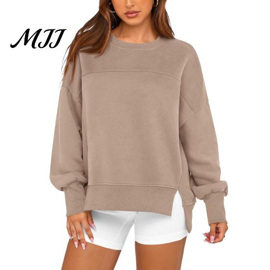 Polyester Women Tops Crew Neck Sweatshirt, Drop Shoulder Long Sleeve Pullover, Loose Soft Sweaters Fit Casual Fall Winter Top with Side Slit Pullovers