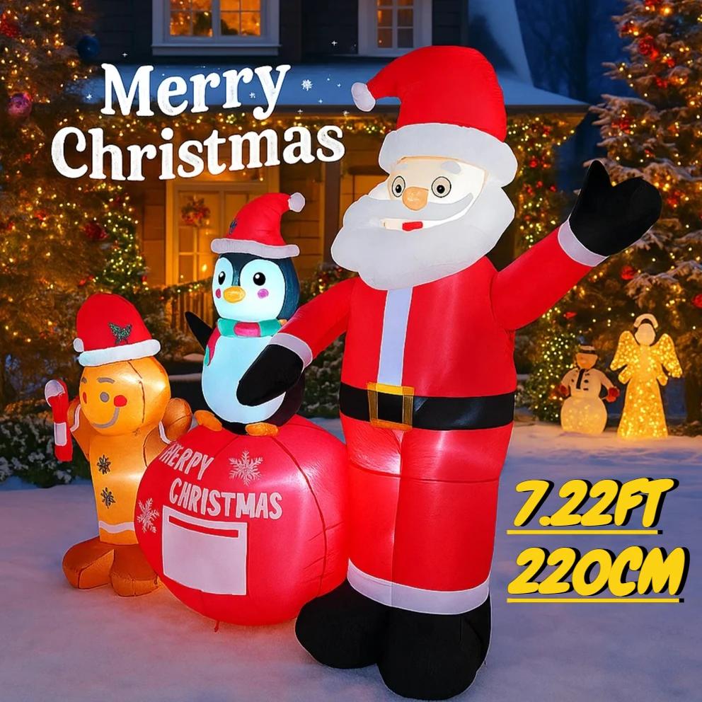 7,22FT Weihnachten aufblasbare Spielzeuge LED beleuchtetes Set Weihnachtsmann Pinguin Lebkuchenmann Zubehör Heimdekorationen Festliches Geschenk Weihnachten Garten Dekoration