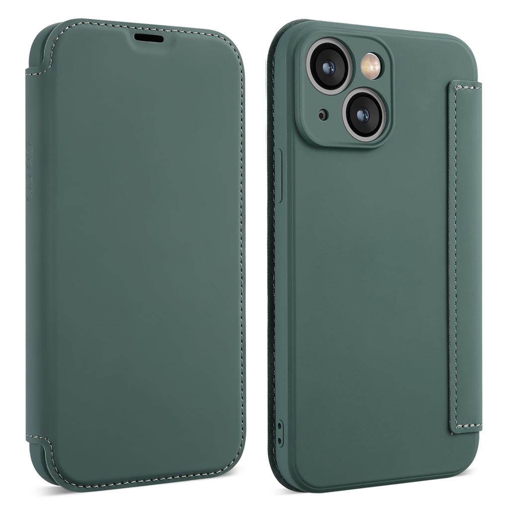 For iPhone 15 Card Holder Kickstand Liquid Silicone Bump Proof Protective Case Skin-touch Phone Cover