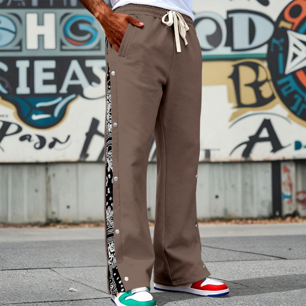 Men's High Street Trendy Pants Casual Color Wide Leg Trousers Basic Straight Outfits With Side Button