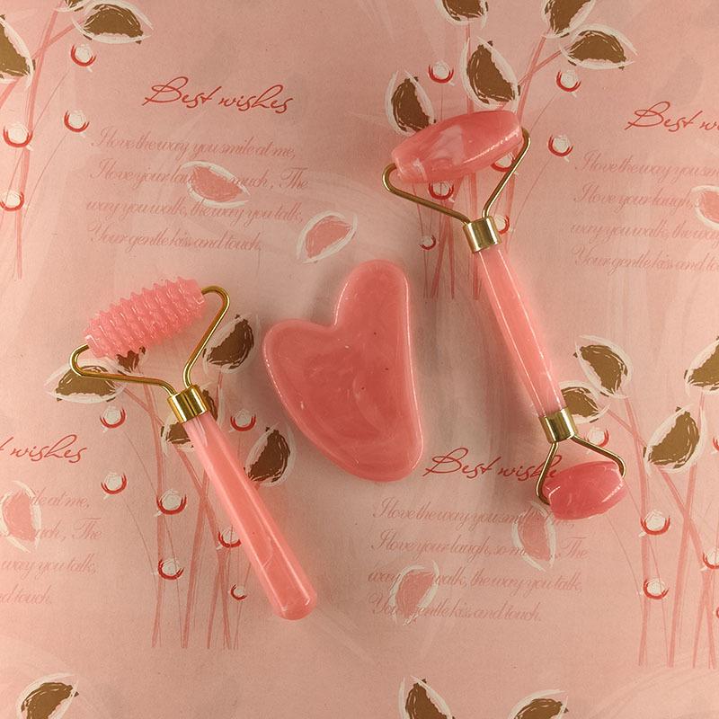 3-Piece Set: Imitation Jade & Rose Quartz Gua Sha Boards with Spiky Roller Facial Massager