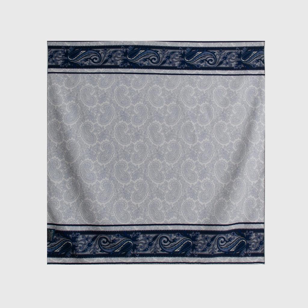 High-End Chinese Blue Silk & Wool Scarf with Celadon Print - Hand-Rolled, Square Neck Tie & Shawl
