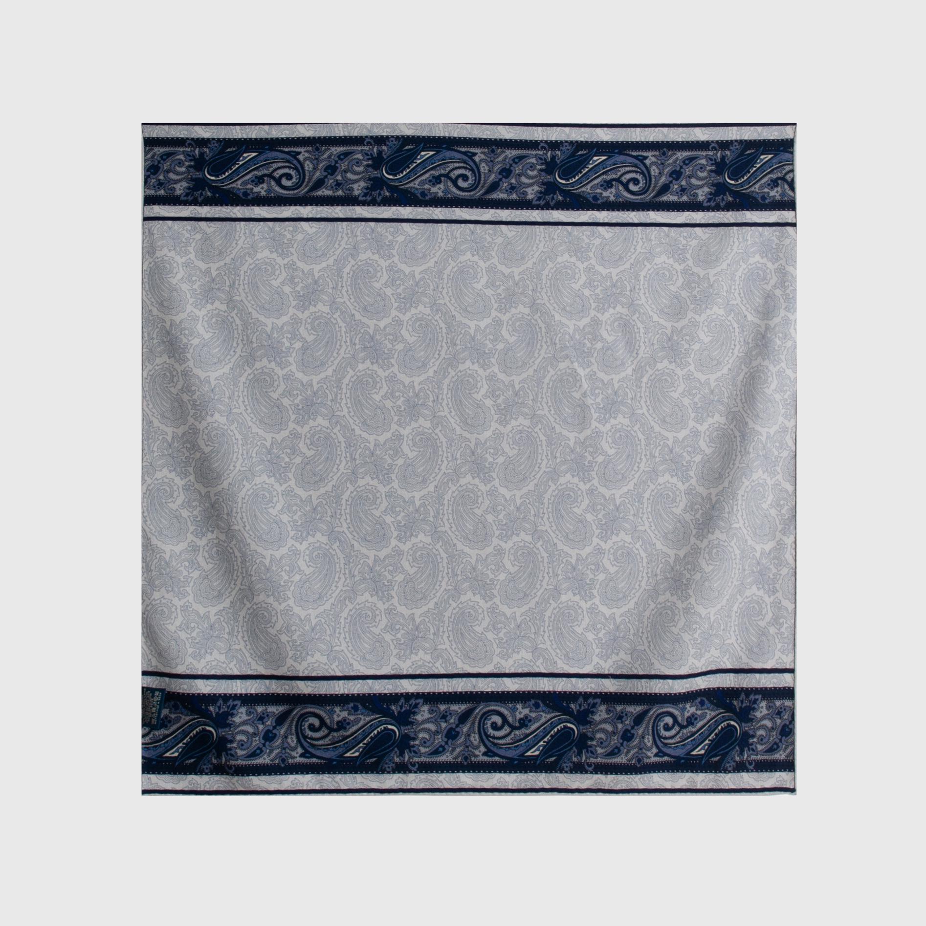 

High-End Chinese Blue Silk & Wool Scarf with Celadon Print - Hand-Rolled, Square Neck Tie & Shawl 65x65cm
