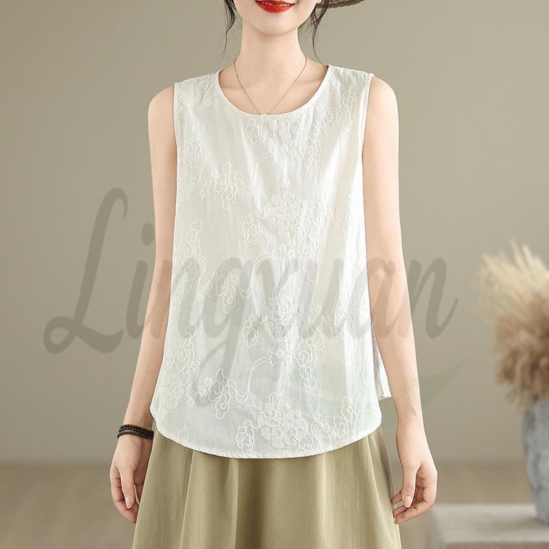 New Chinese Style Embroidered Cotton Sleeveless Beige Vest - Women s Simple Comfort Medium