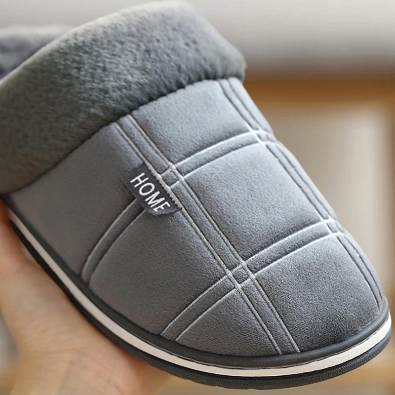 Plus Size Plaid House Slippers for Man Winter Plush Indoor Male Shoes Warm Home Slippers Non Slip Flat Cotton Bedroom Houseshoes