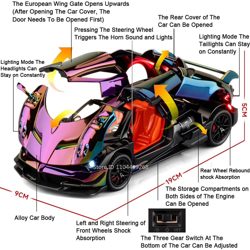 1:24 Scale Huayra BC 720S Sports Car Model Toy Sound Light Pull Back Supercar Shock Absorption Models Boys Gift Decoration