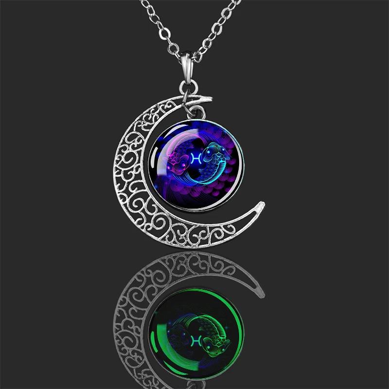 Luminous 12 Constellations Zodiac Signs Necklaces Crescent Moon Pendant Chains Necklace for Women and Men Birthday Jewelry Gifts