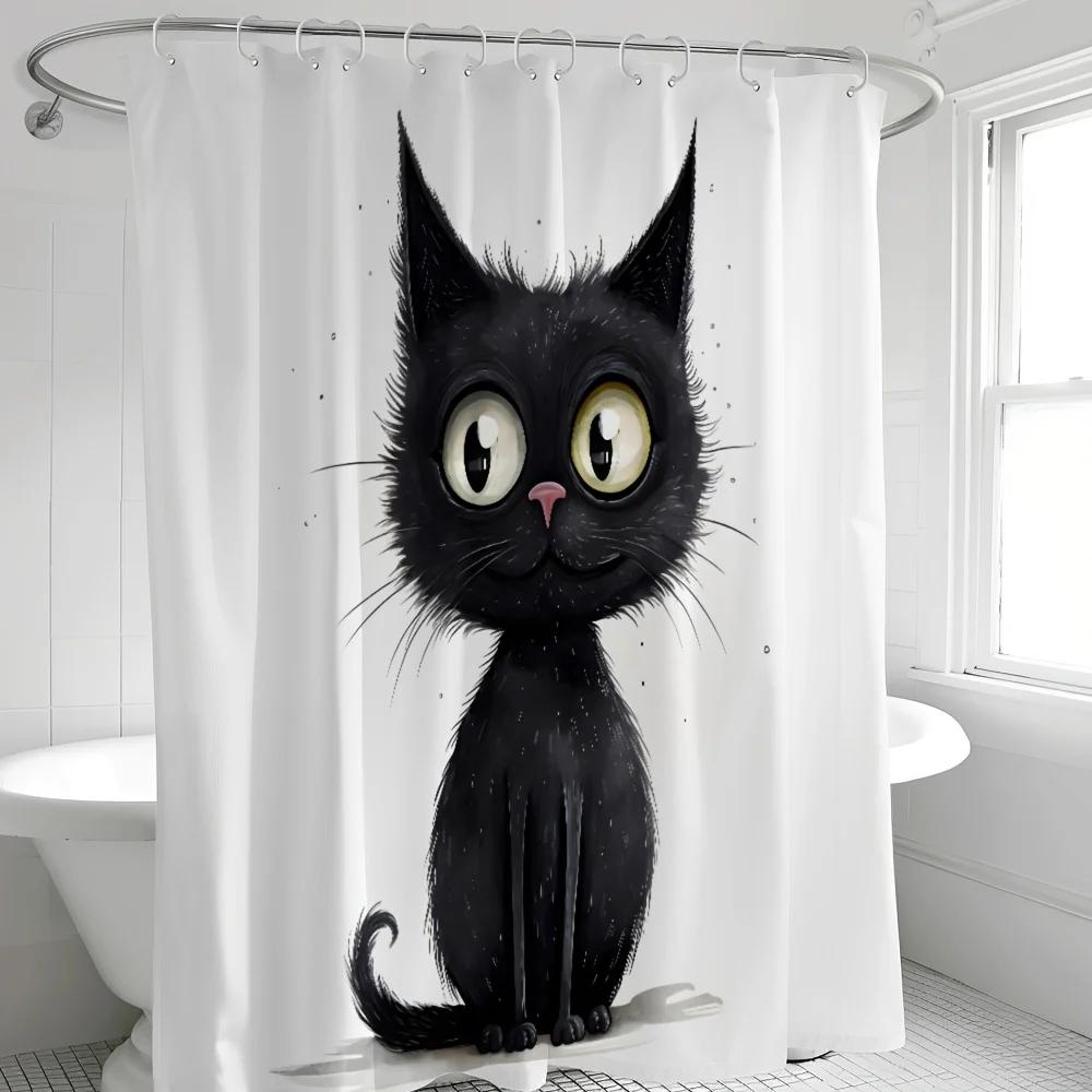 

Waterproof Polyester Shower Curtain, Cartoon Black Cat Pattern - Animal Theme Bathroom Decor, With Hooks, Polyester Fabric W60H190(CM)-1 Pcs