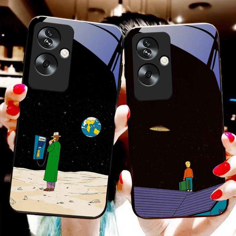 Space Astronaut For Oppo A79 5G 58 78 74 60 4G Reno 11F Realme GT 6 11 Note 50 10 C55 X2 Tempered Glass Black Phone Case