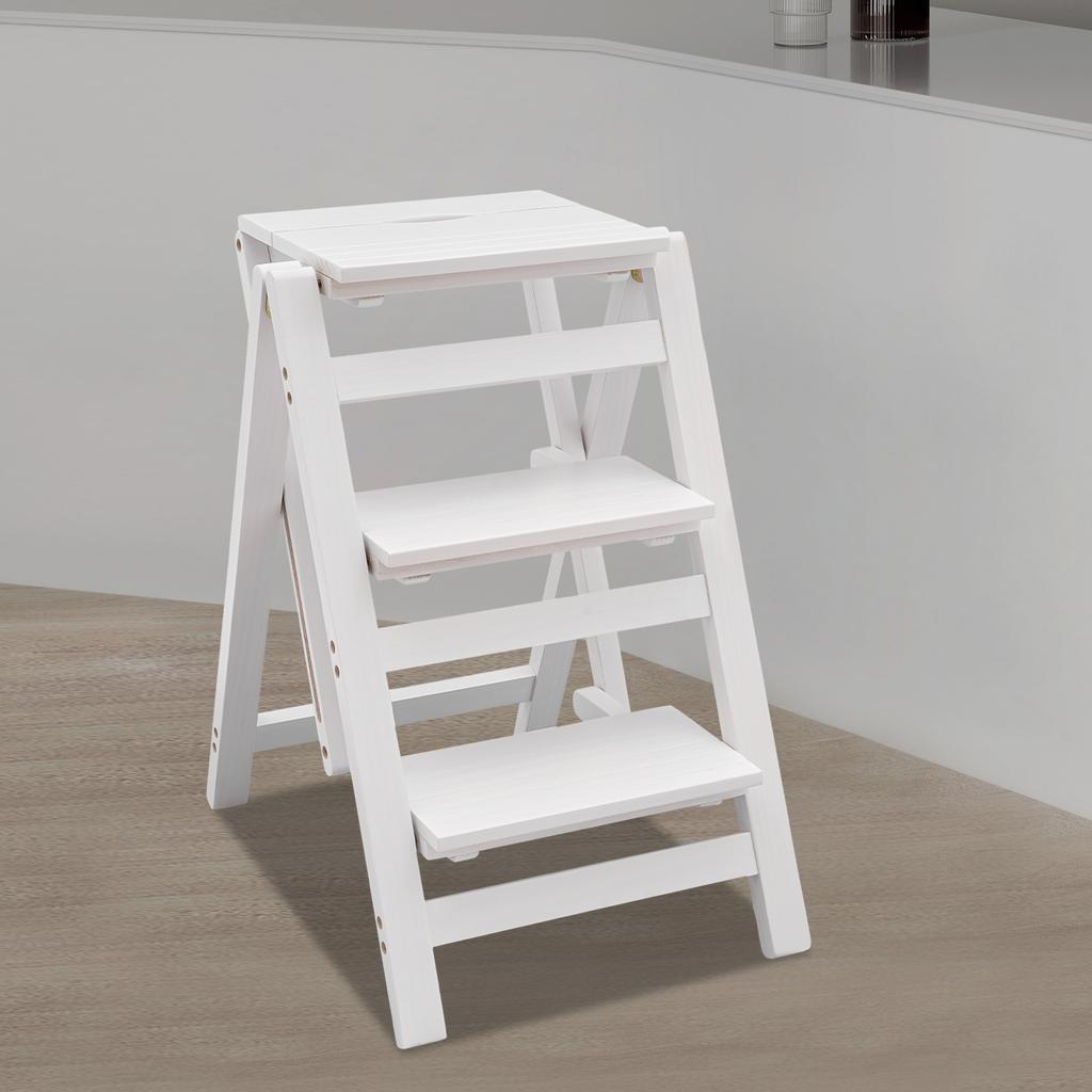 White 3-Tier Step Stool Ladder, Folding Wood Step Stool with Handle, Non-Slip Wide Pedal, Compact Storage, Supports Up To 220lbs