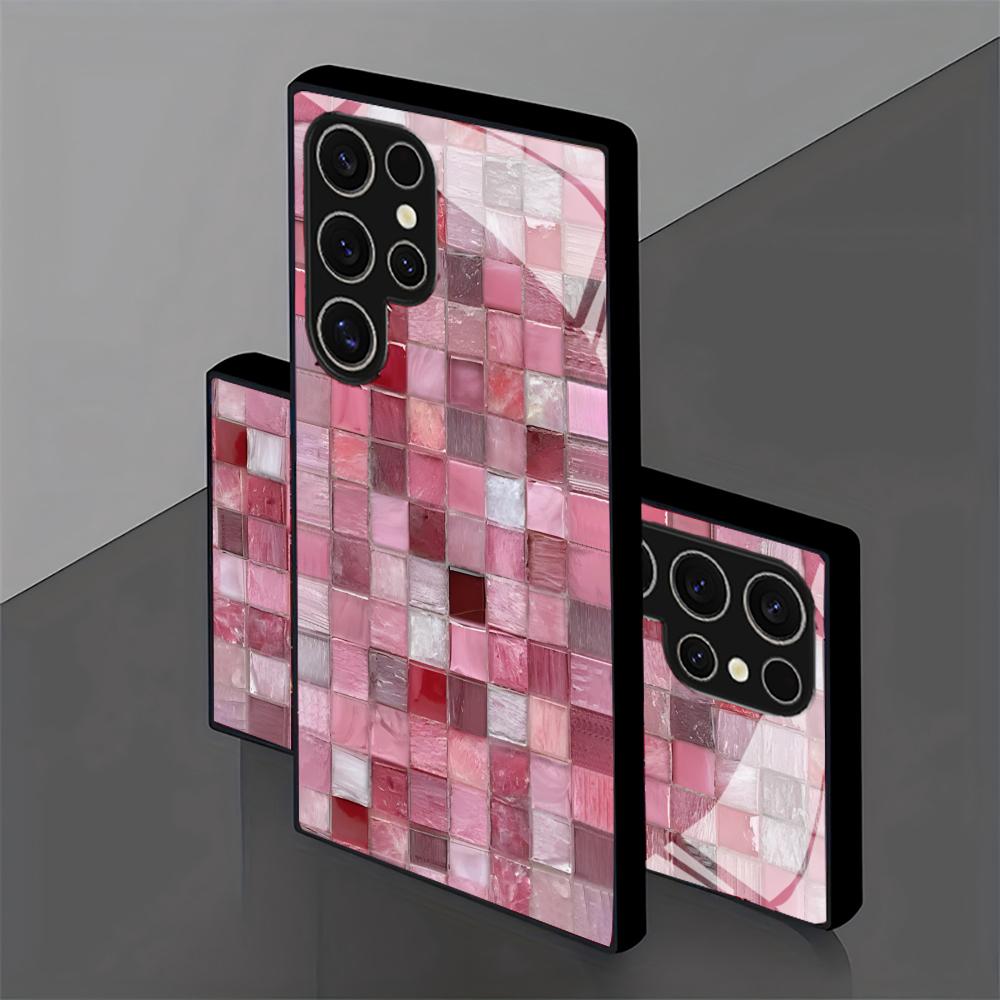 Pink Mosaic Tile Pattern glass Phone Case For Samsung Galaxy S26 S25 S24 S22 S23 Ultra S21 S20 Plus 5G Non-Slip Full Cover