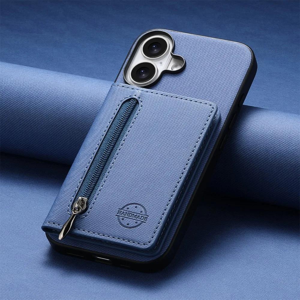 Zipper Wallet Card Holder RFID-blocking Magnetic Phone Case for iPhone 16 E 16 Pro Max 15 14 Plus 13 12 11 Bracket Stand Cover
