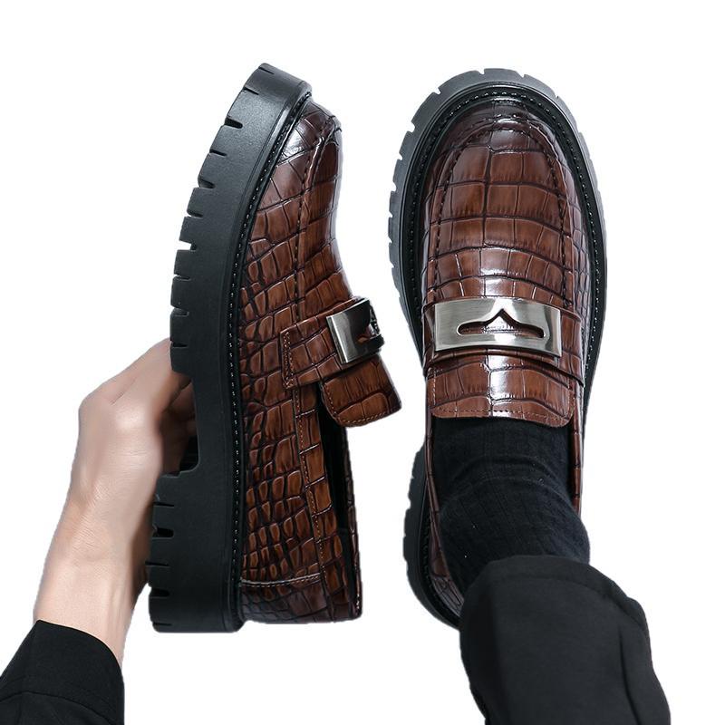 Men's Glossy Leather Thick-Soled Loafers - British Style Slip-On, Large Size, for Spring & Autumn