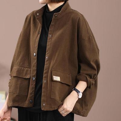 Damen Lässige Baumwoll-Jeansjacke Herbst Lockerer Cardigan Vielseitige Knopfjacke mit Großer Tasche