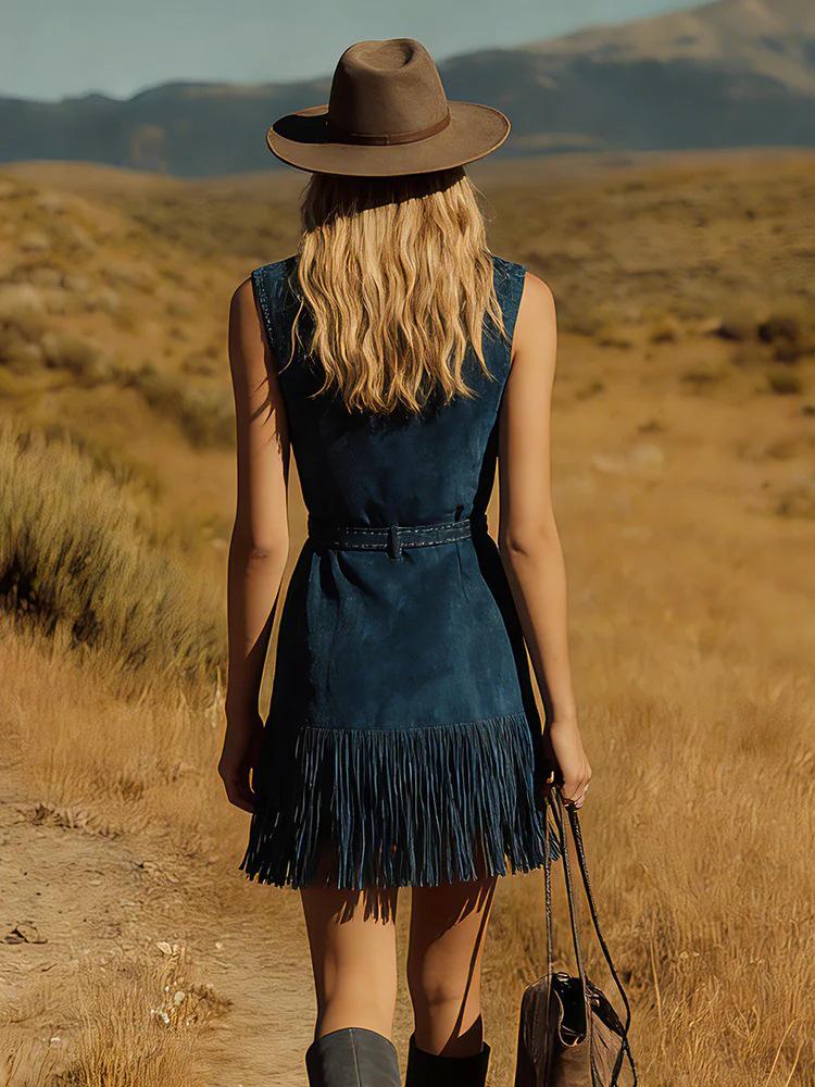 V-neck Faux Suede Lapel Tassel Dress with Zipper