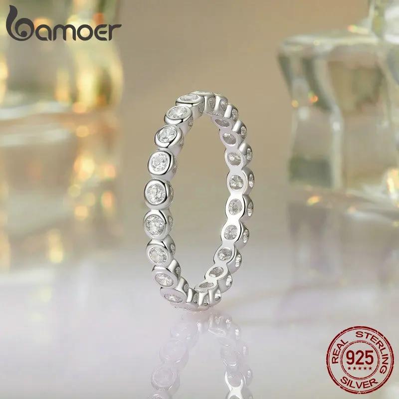 BAMOER White Gold Plated Bubble Ring for Women, 925 Sterling Silver Bezel Set Moissanite Ring Matching Full Wedding Band