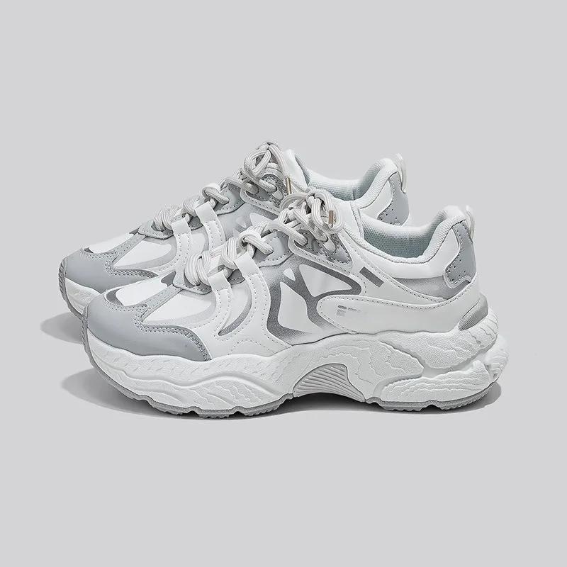 

Autumn Women Clunky Sneakers Fashion Leather Panels Trainers Street Thick-soled Casual Shoes Platform Sneakers Sports Dad Shoes 40 білий