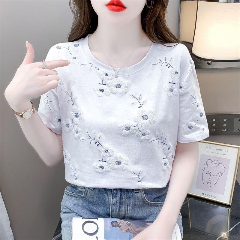 JKASHDK Women's Fashion Casual Summer Spring Flower Pattern Print Short Sleeve O-Neck Blouses & Shirts