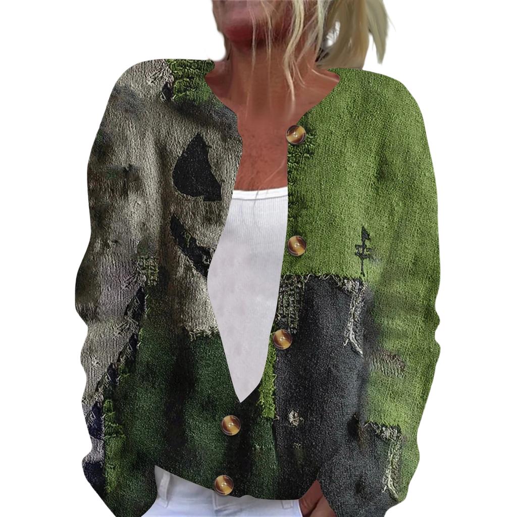 Women's Fashion Printed Long Sleeve Knitted Cardigan Button Down Jacket