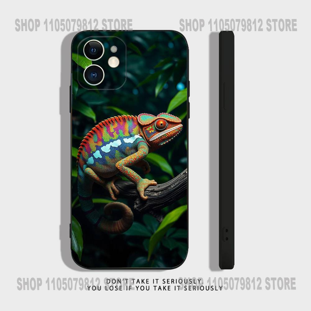 Cute Animal Chameleon Phone Case For iPhone 17,16,15,14,13,12,11,XR,Pro,XS,Max,XR,Plus,Mini Soft Silicone Black Shockproof