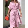Women's fashion new lapel mid-length short-sleeved single-breasted high-waisted shirt skirt dress