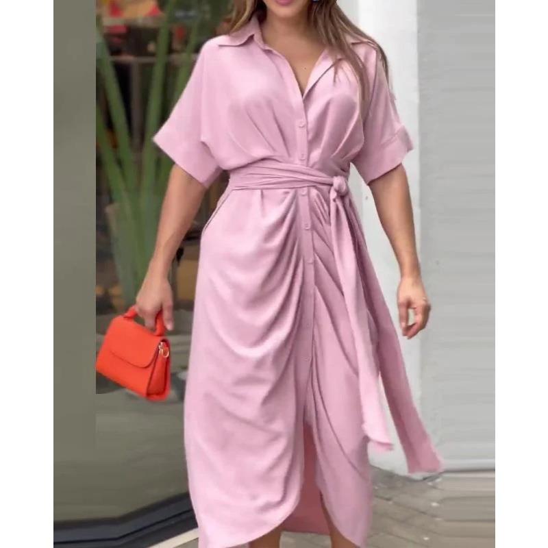 Women's fashion new lapel mid-length short-sleeved single-breasted high-waisted shirt skirt dress