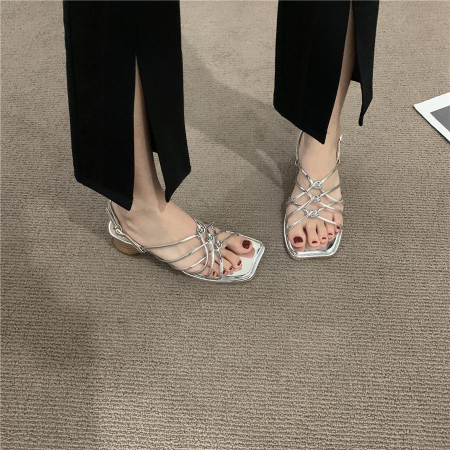 Fashion Sexy Cross Thin Strap Roman Style Thick Heel Sandals for Women 2025 Summer Advanced Solid Color Square Toe Open Toe Sandals