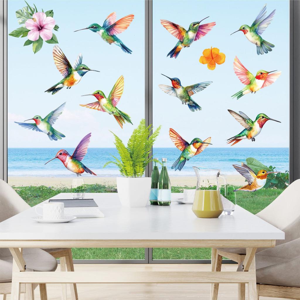 Spring window stickers hummingbirds flowers watercolor window glass door wall decoration stickers self-adhesive window stickers