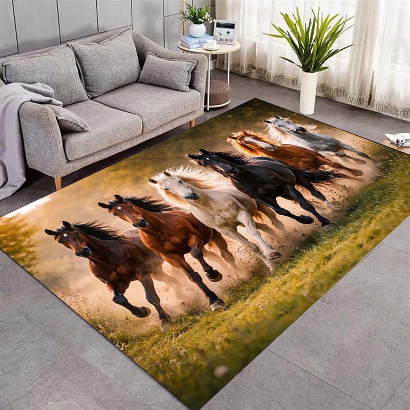 Schwarzer galoppierendes Pferd Bereichsteppich, Sonnenuntergang Bergsee Landschaft Druck Rutschfester Boden Teppich für Wohnzimmer Schlafzimmer Heimdekoration