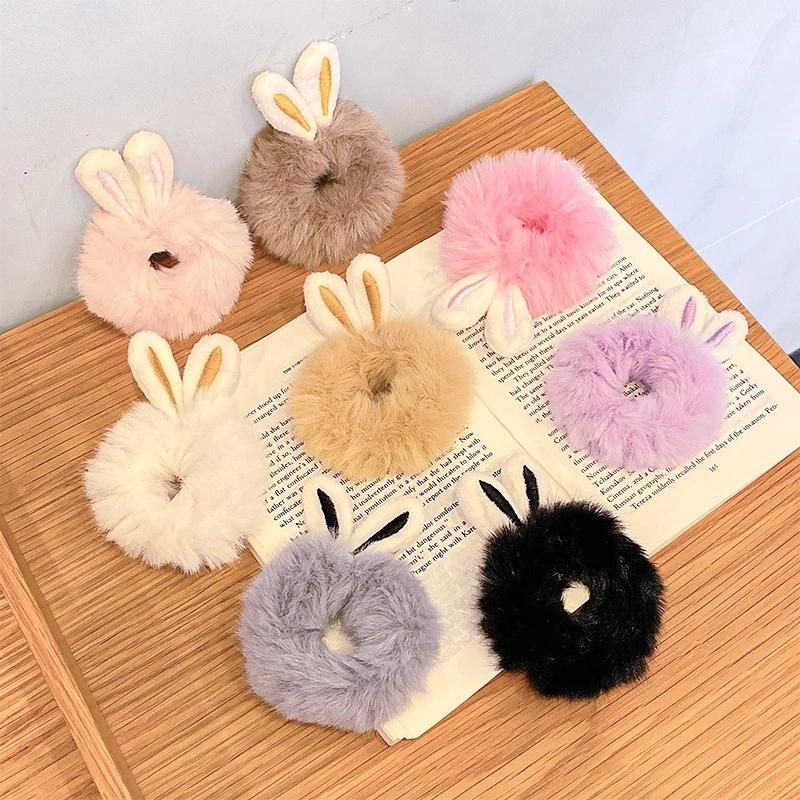 Girls Sweet Imitation Rabbit Fur Rabbit Ears Elastic Hair Bands Women Fur Fluffy Hair Rings Plush Scrunchies Hair Accessories