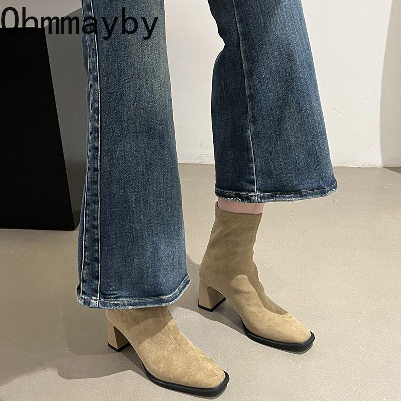Vintage Thick Heel Square Toe Women Ankle Boots Ladies Elegant Mordern Short Botas Autumn Winter  De Mujer
