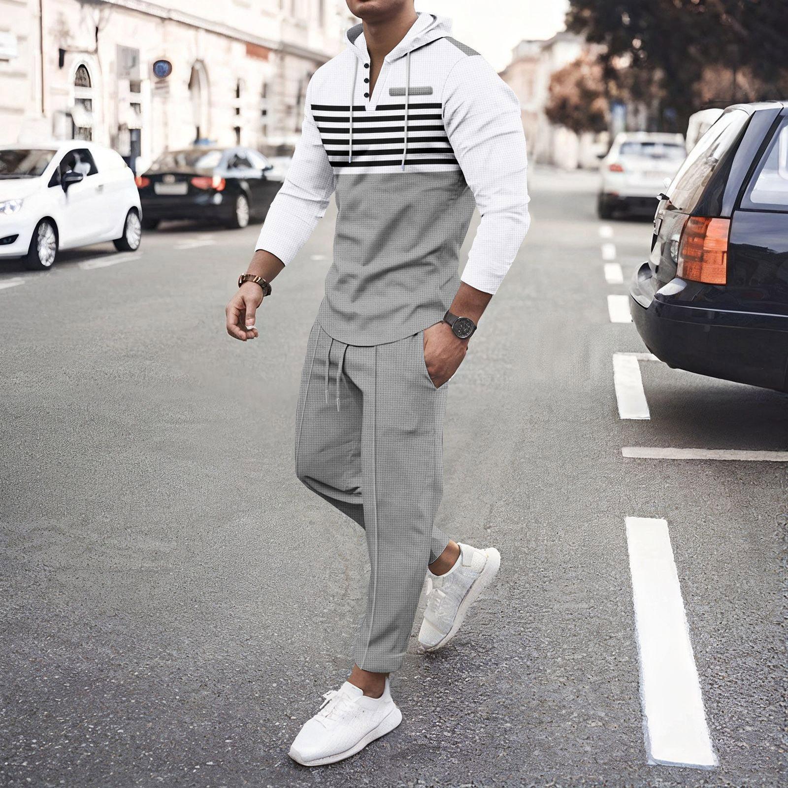 

Men s Casual Long Sleeve Pants Suit Outdoor Sports Hooded Striped Long Sleeve Pants Suit XXXL