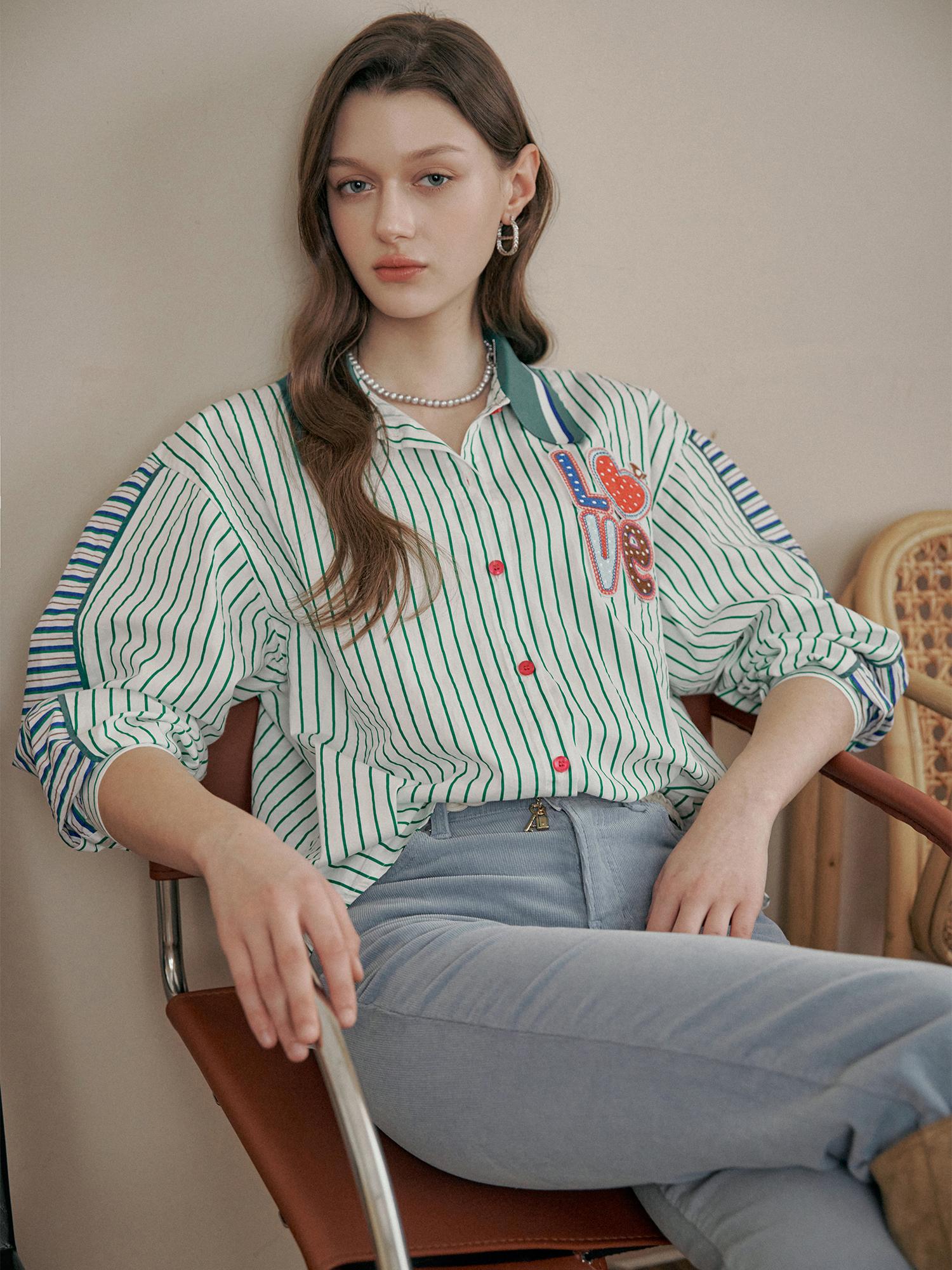 Maja Striped Knit Collared Long-Sleeve Shirt Blouse Green/Fresh