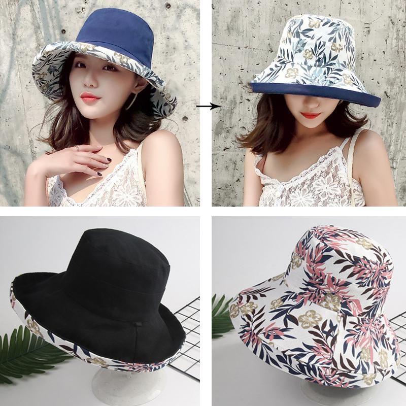 Wide Brim Cotton Summer Hat Women Packable Reversible Floral Bucket Hat UV Sun Protection Wide Brim Summer Beach Cap Double Sided Floppy Sun Hats
