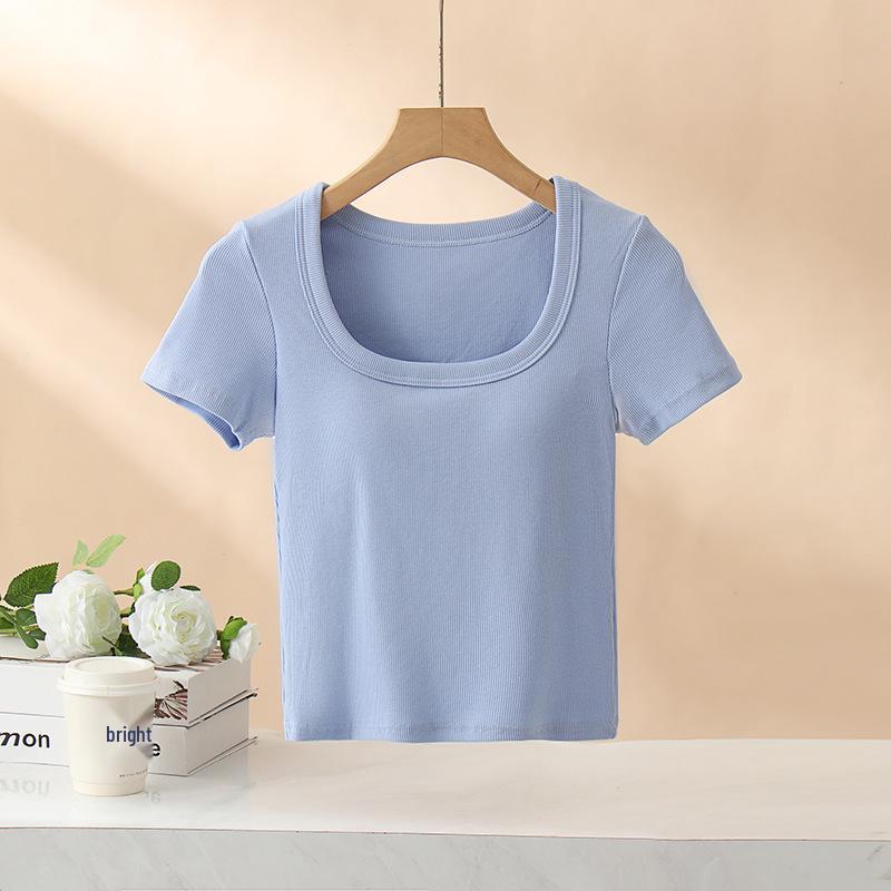 

Женская укороченная квадратная футболка с короткими рукавами и вставными чашечками - Модный и универсальный топ, открывающий живот Medium синий