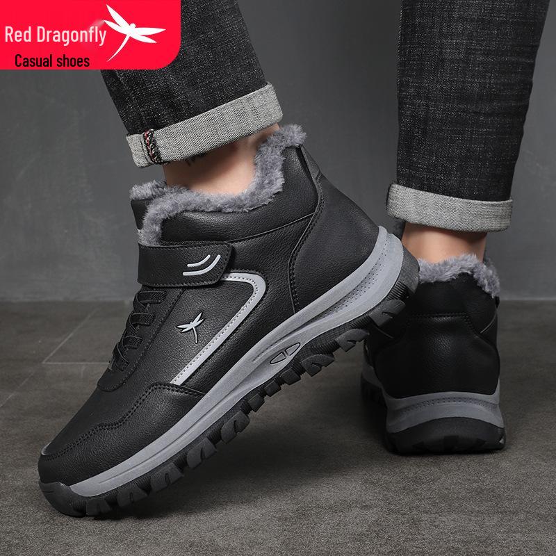Red Dragonfly Men's Winter High-Top Casual Shoes: Velvet Warm, Soft-Sole, Non-Slip for Middle-Aged and Elderly.