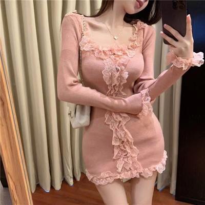 Sweet Lace Dress Women Knitted Slim Sexy Wrapped Bodycon Short Mini Dress Flared Mini Dress