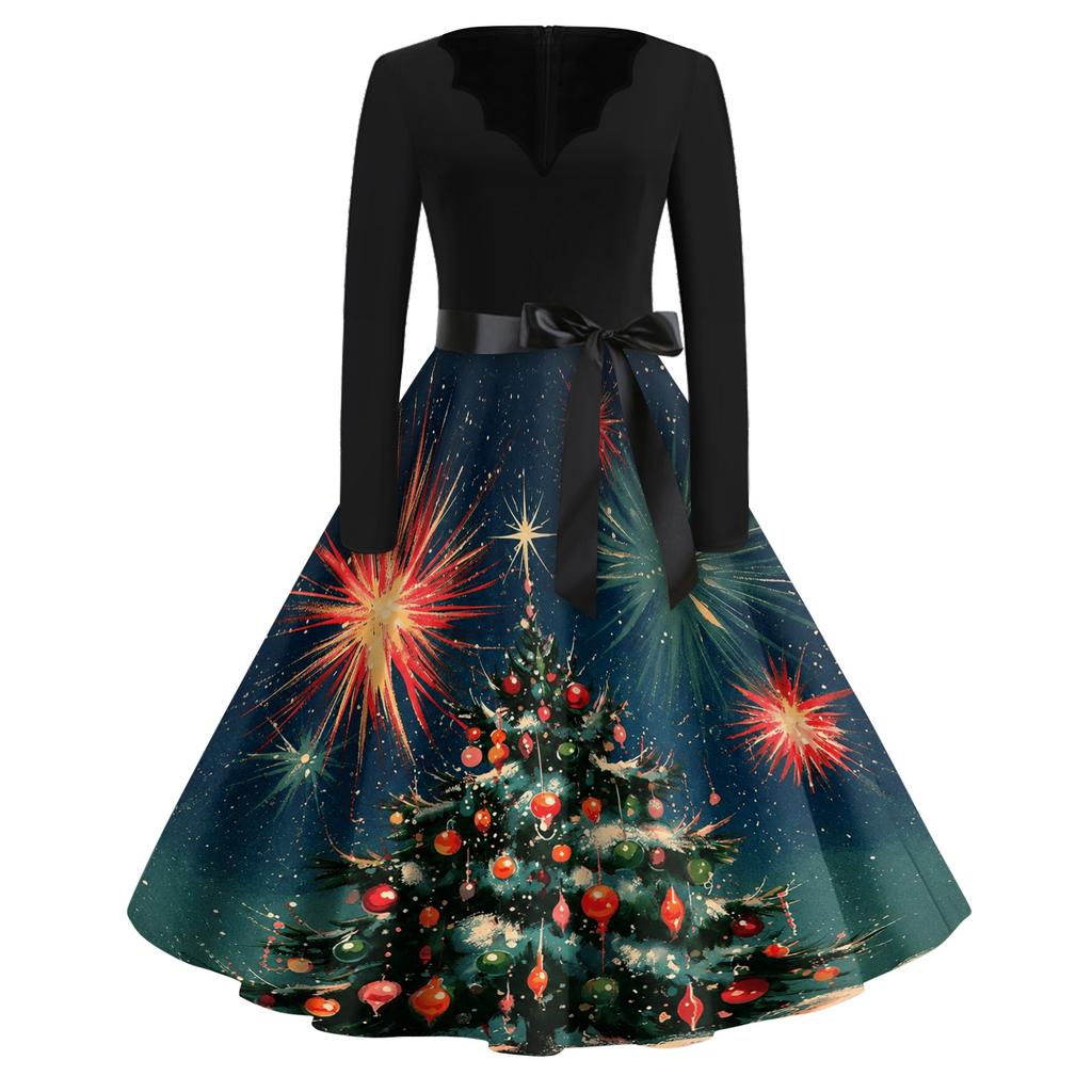 Women's Vintage V-Neck Long Sleeve Christmas Print Casual Dress