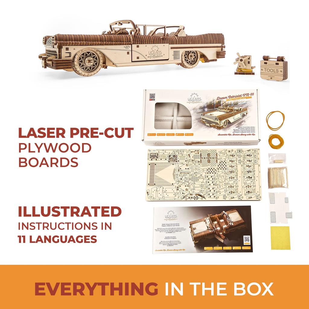 Ugears Dream Cabriolet VM-05 Wooden Block DIY Puzzle Building Toy for Imagination and Creativity (Product Code: 70073)