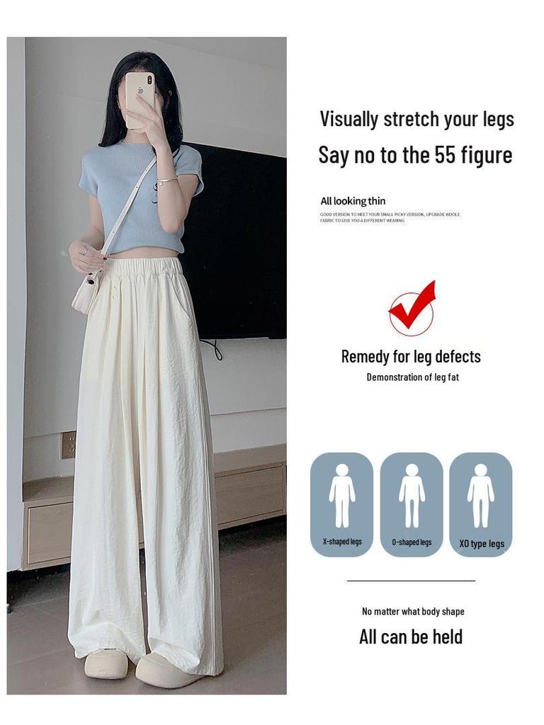 Women's High-Waisted Ice Silk Textured Wide-Leg Pants - Douyin Quality, White, Slimming, 2025 New Arrival