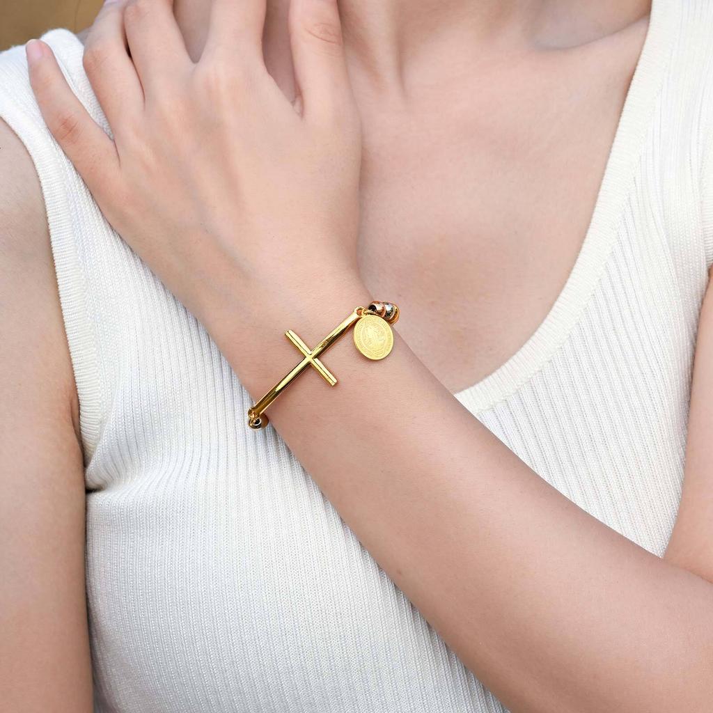 Vnox Heilige Maria St. Benedikt Kreuz Armband für Damen, Edelstahl Goldfarbe Perlenketten Armbänder, Christus Gebets Schmuck