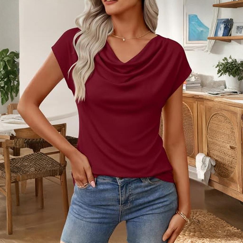 Women's Summer Business Casual Cowl Neck Knit Short Sleeve Tops