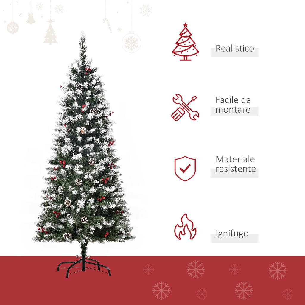 150cm Artificial Snow-Covered Christmas Tree with Red Berries and White Pine Cones, Removable Folding Base, 408 Branches