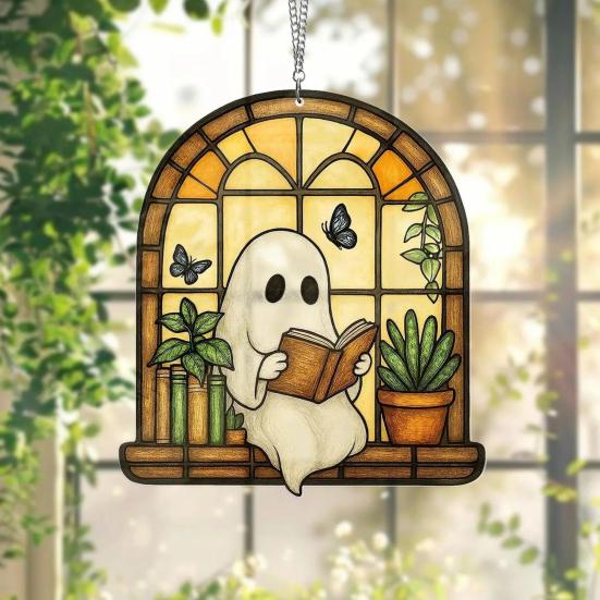 Halloween Acrylic Suncatcher Adorable Ghost Reading Book Pendant Black Cat Teacup Spooky Window Hanging Decoration for Home Parties Festivals