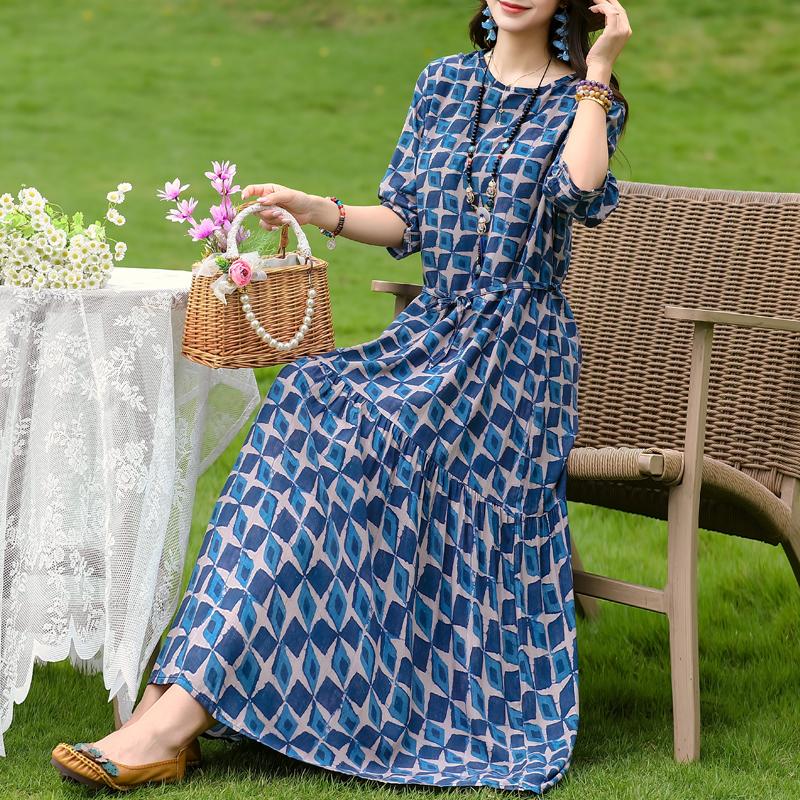 Women's Floral Print Maxi Dress, Tie Waist 3/4 Sleeve Casual Summer Dress (XL-5XL)