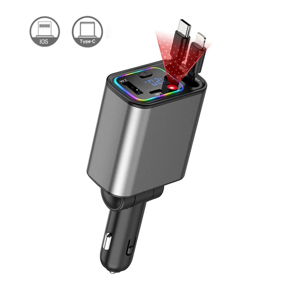 4IN1 Retractable Car Charger with Voltage Display Type-C USB Adapter Car Phone Charger with Star Light For IOS Android Phones